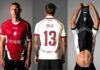 Le maglie dell’Arezzo per la serie B. Pantone 195C, stemma, sponsor e marchio Rever