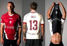 Le maglie dell’Arezzo per la serie B. Pantone 195C, stemma, sponsor e marchio Rever